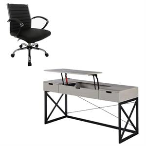 FOA 2-Piece 60 Inch Light Gray Wood Lift Top Desk and Home Office Chair Set