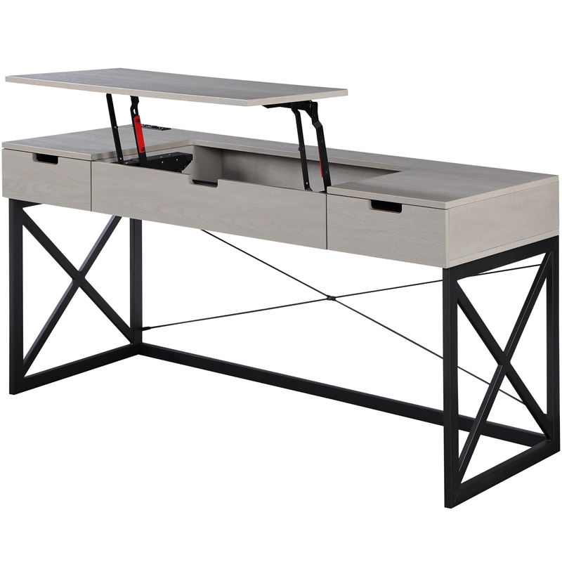 FOA 2-Piece 60 Inch Antique White Wood Lift Top Desk and Home Office Chair Set