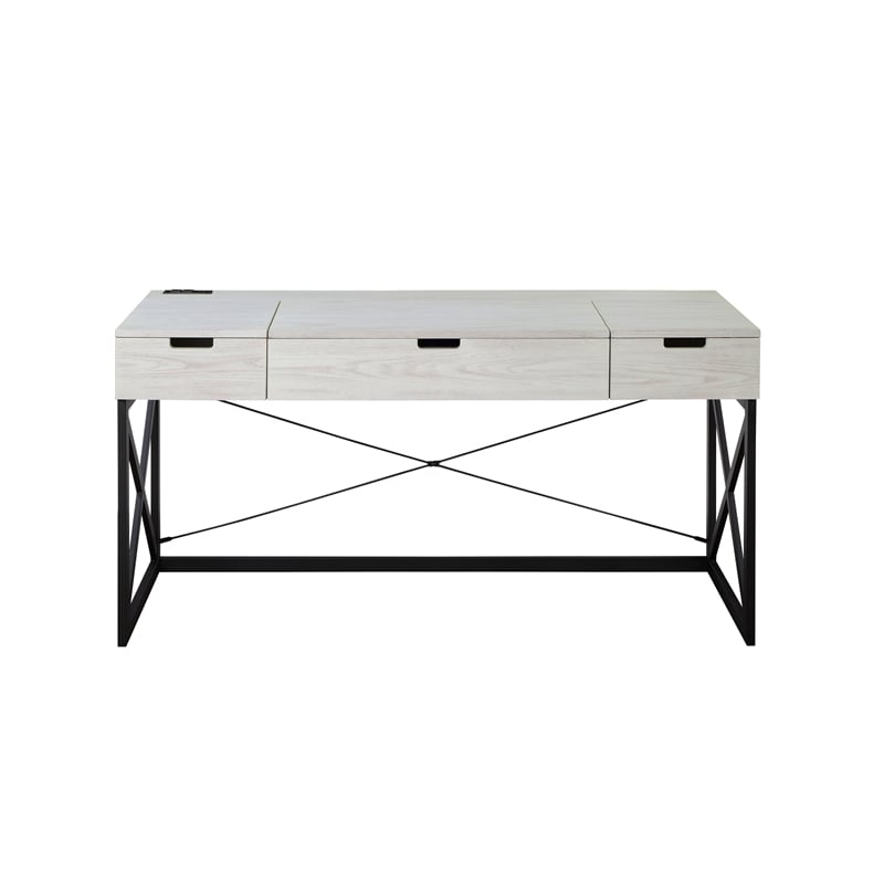 FOA 2-Piece 60 Inch Antique White Wood Lift Top Desk and Home Office Chair Set