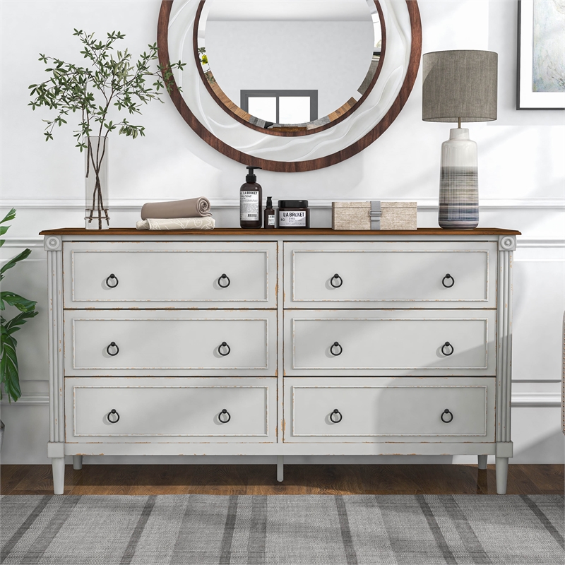 Furniture of America Birch Wood 6-Drawer Double Dresser in Antique White