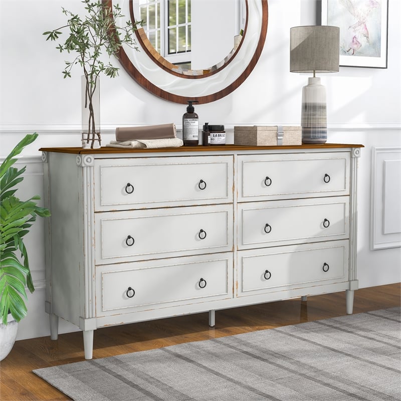 Furniture of America Birch Wood 6-Drawer Double Dresser in Antique White