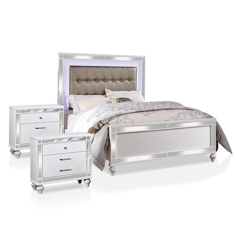 FOA Xulu 3-Piece White Solid Wood LED Bedroom Set - King + 2 Nightstands