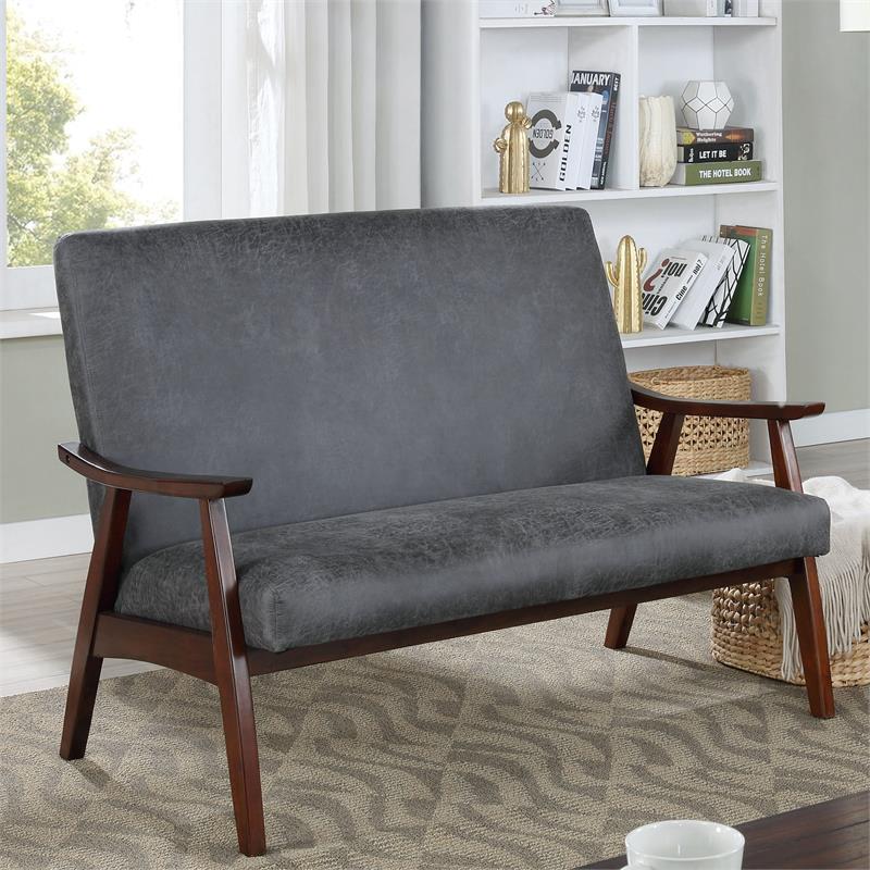 Furniture of America Kikee Faux Leather Cushioned Loveseat Bench in Dark Gray