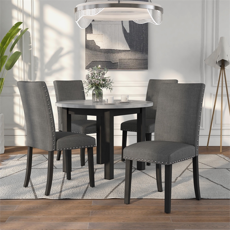 Furniture of America Vacti Wood and Fabric 5-Piece Round Dining Set in Gray