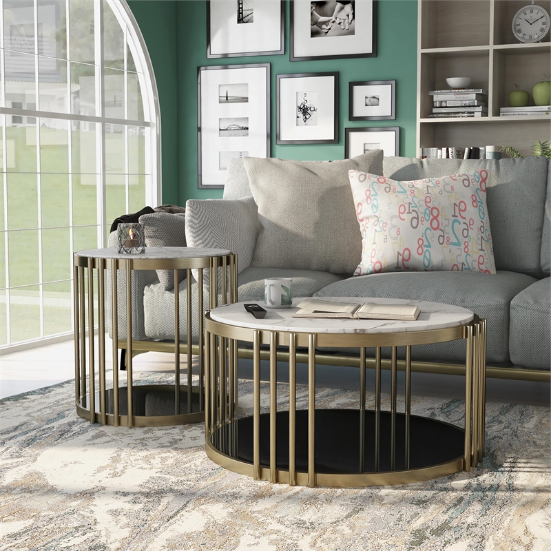 Furniture of America Kual Contemporary Metal 2-Piece Coffee Table Set in Brass