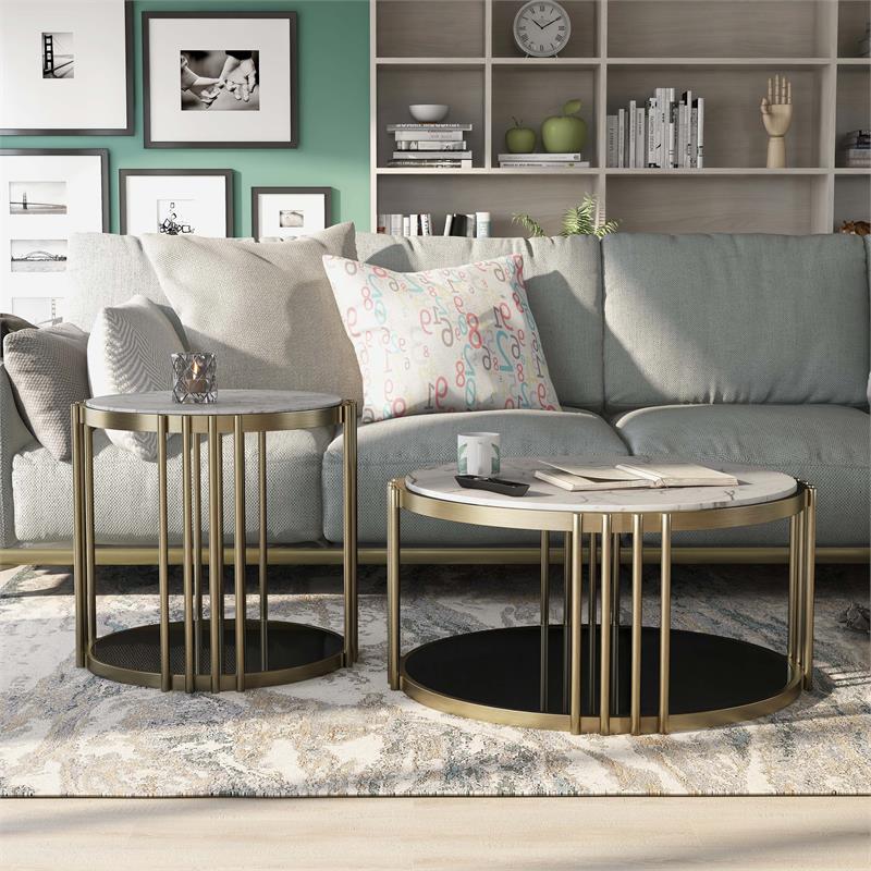 Furniture of America Kual Contemporary Metal 2-Piece Coffee Table Set in Brass
