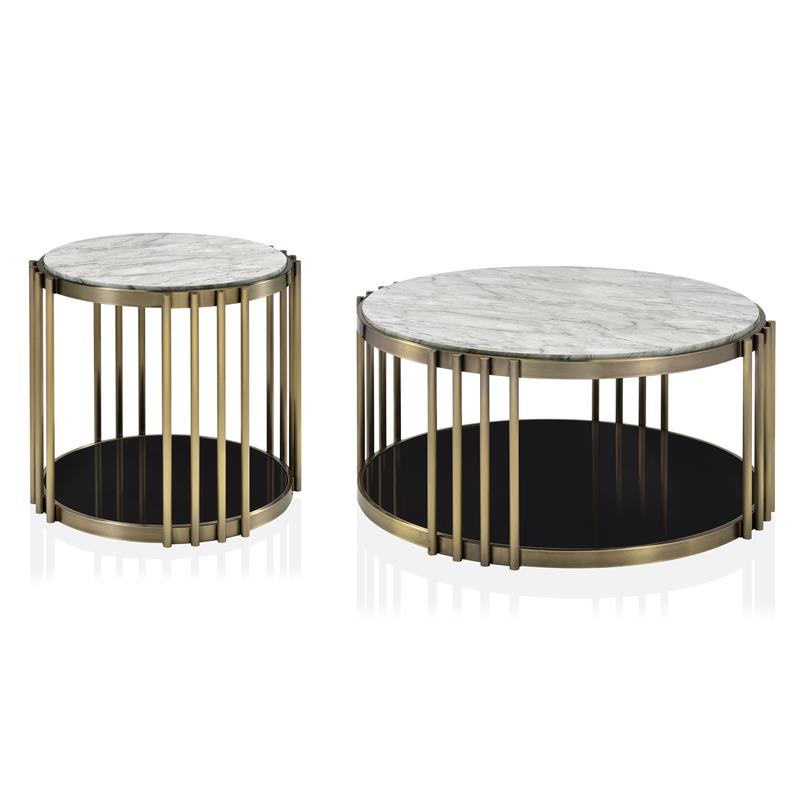 Furniture of America Kual Contemporary Metal 2-Piece Coffee Table Set in Brass