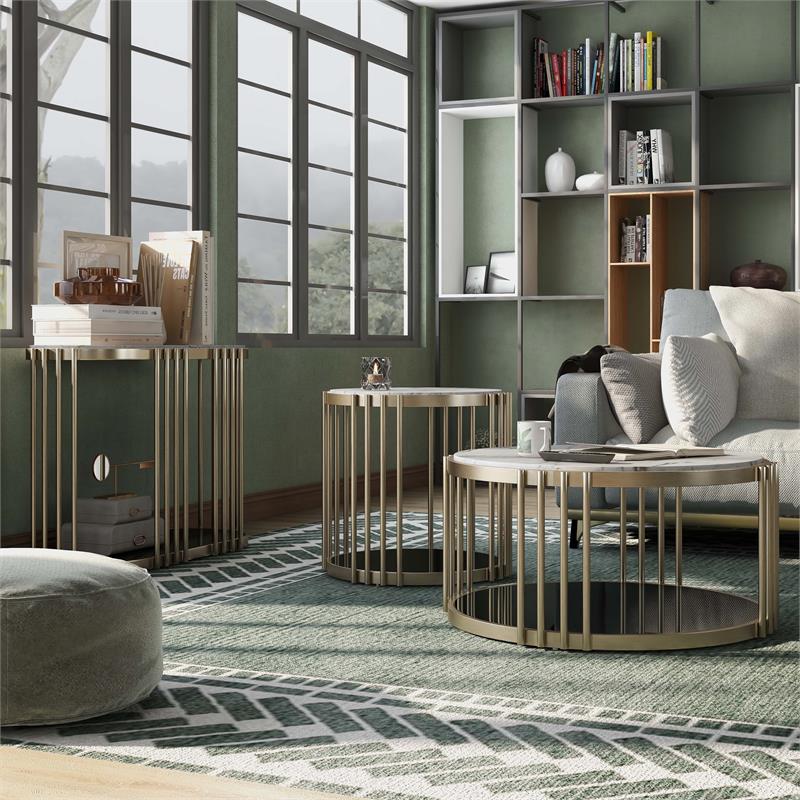 Furniture of America Kual Contemporary Metal 3-Piece Coffee Table Set in Brass