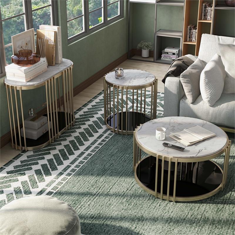 Furniture of America Kual Contemporary Metal 3-Piece Coffee Table Set in Brass