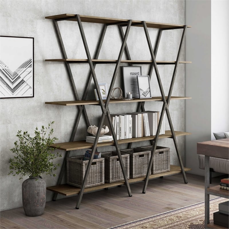 Furniture of America Edz Rustic Metal 5-Shelf Bookcase in Oak and Gun Metal