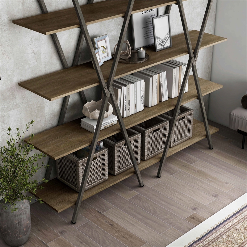 Furniture of America Edz Rustic Metal 5-Shelf Bookcase in Oak and Gun Metal