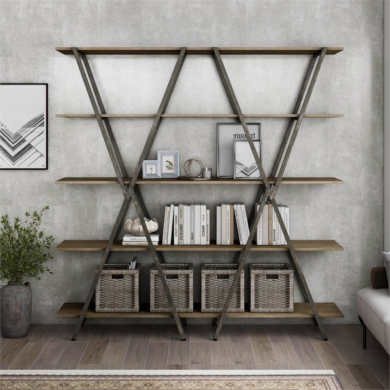 Furniture of America Edz Rustic Metal 5-Shelf Bookcase in Oak and Gun Metal