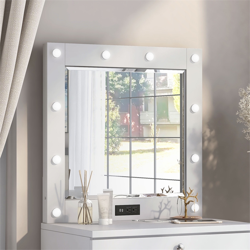 Furniture of America Lita Contemporary Wood Vanity Mirror with Bulbs in White