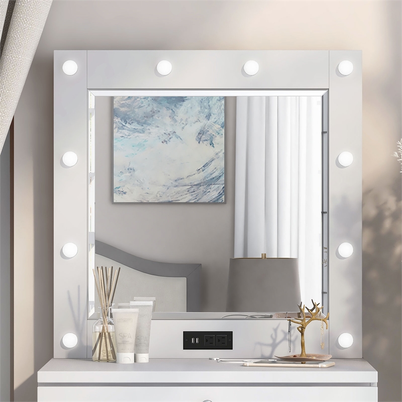 Furniture of America Lita Contemporary Wood Vanity Mirror with Bulbs in White