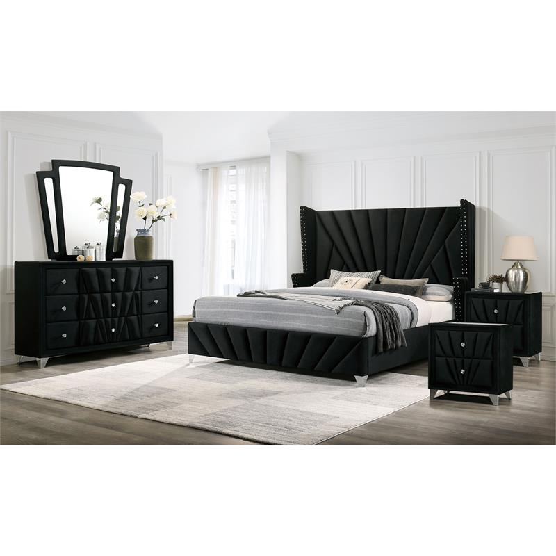 FOA Sakan 5pc Black Fabric Bedroom Set-Queen+2 Nightstands+Dresser+Mirror