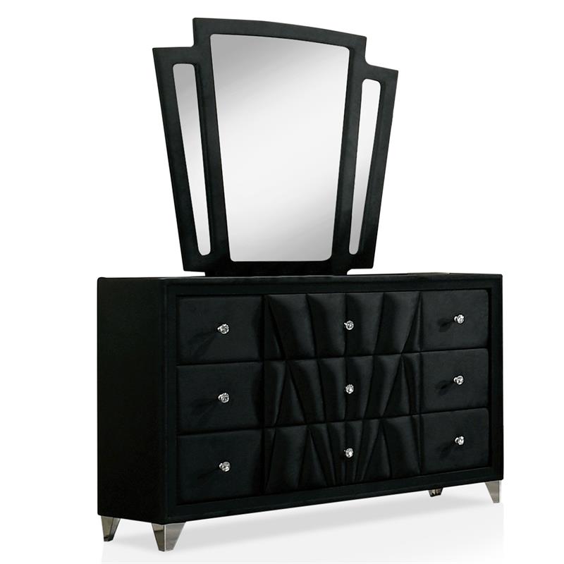 FOA Sakan 5pc Black Fabric Bedroom Set-Queen+2 Nightstands+Dresser+Mirror