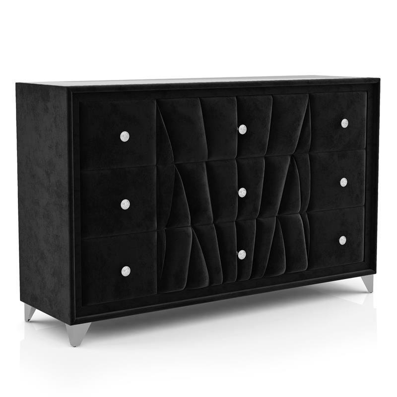 FOA Sakan 5pc Black Fabric Bedroom Set-Queen+2 Nightstands+Dresser+Mirror