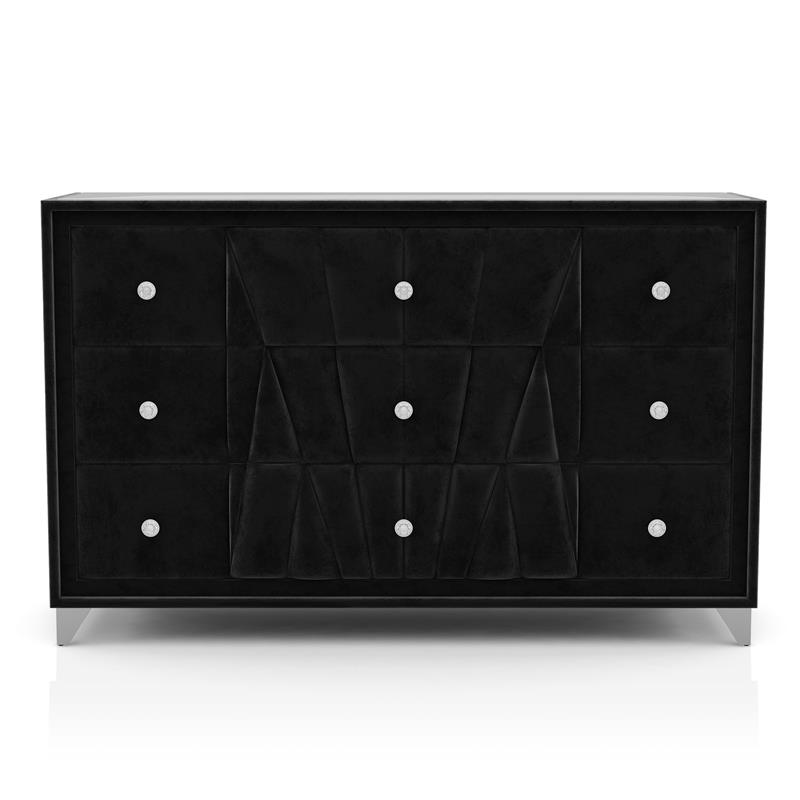 FOA Sakan 5pc Black Fabric Bedroom Set-Queen+2 Nightstands+Dresser+Mirror