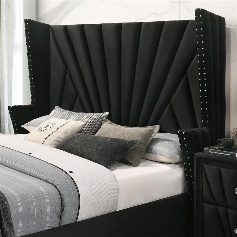 FOA Sakan 5pc Black Fabric Bedroom Set-Queen+2 Nightstands+Dresser+Mirror