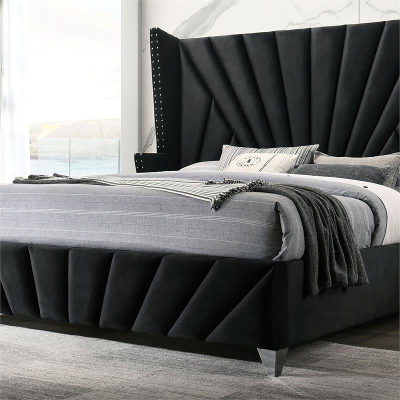 FOA Sakan 5pc Black Fabric Bedroom Set-Queen+2 Nightstands+Dresser+Mirror