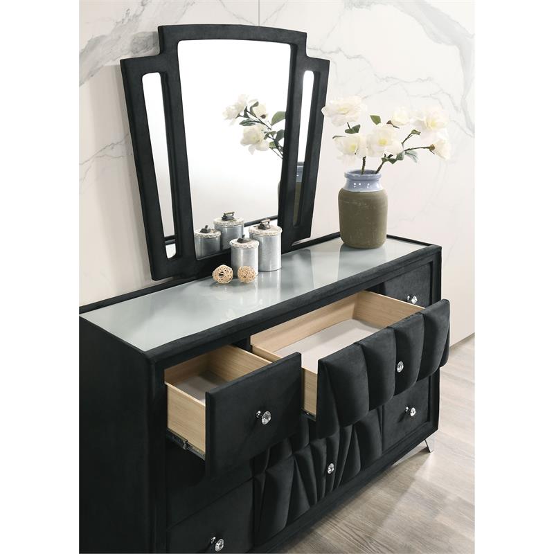 FOA Sakan 5pc Black Fabric Bedroom Set-Queen+2 Nightstands+Dresser+Mirror