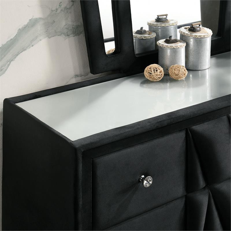 FOA Sakan 5pc Black Fabric Bedroom Set-Queen+2 Nightstands+Dresser+Mirror