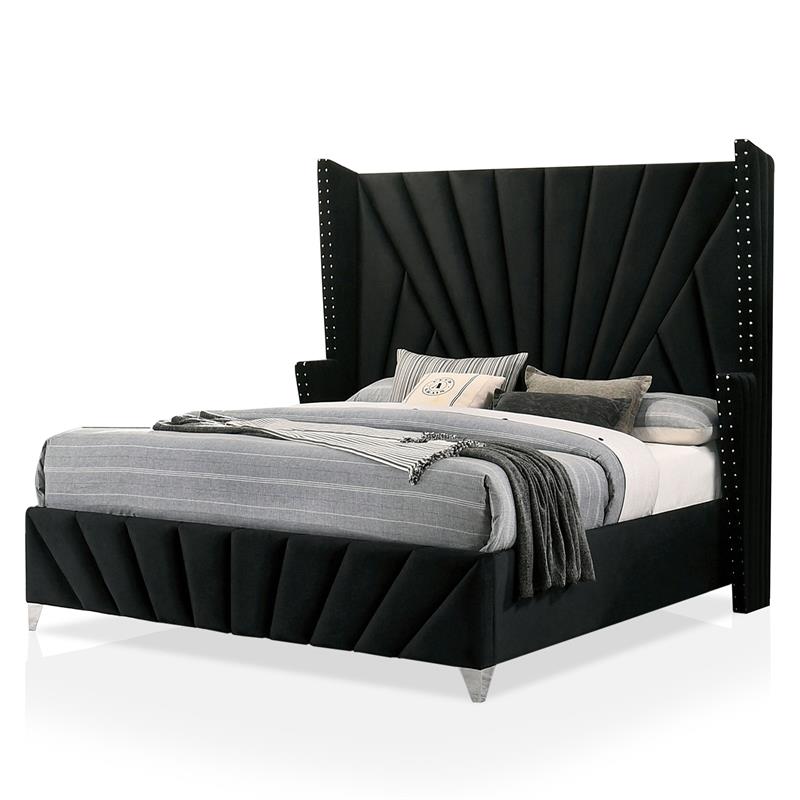 FOA Sakan 5pc Black Fabric Bedroom Set-Queen+2 Nightstands+Dresser+Mirror