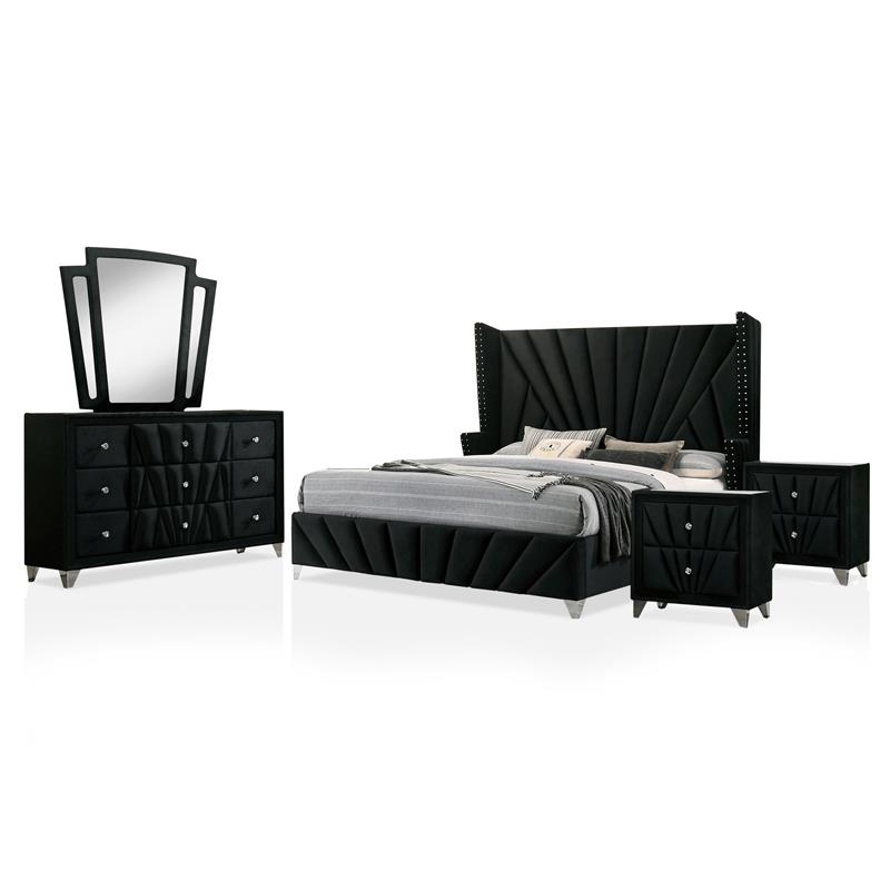 FOA Sakan 5pc Black Fabric Bedroom Set-Queen+2 Nightstands+Dresser+Mirror
