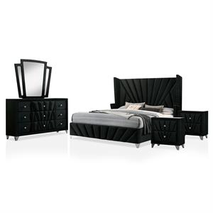 FOA Sakan 5pc Black Fabric Bedroom Set-Queen+2 Nightstands+Dresser+Mirror