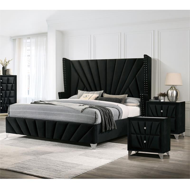 Furniture of America Sakan 3pc Black Fabric Bedroom Set-Queen + 2 Nightstands