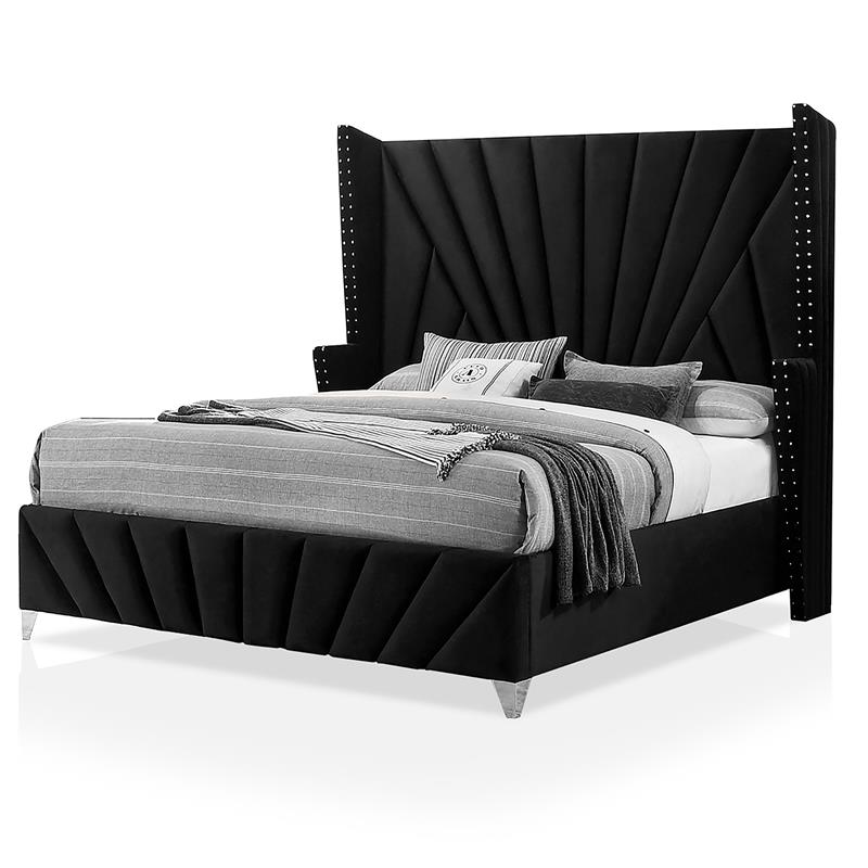 Furniture of America Sakan 3pc Black Fabric Bedroom Set-Queen + 2 Nightstands