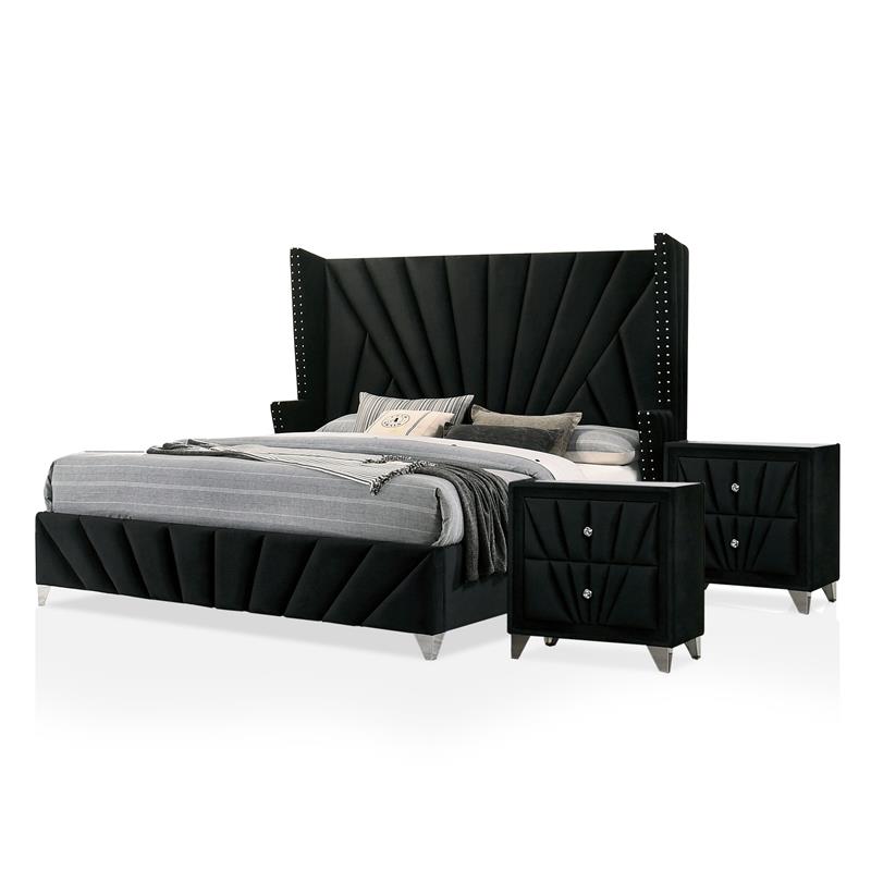 Furniture of America Sakan 3pc Black Fabric Bedroom Set-Queen + 2 Nightstands