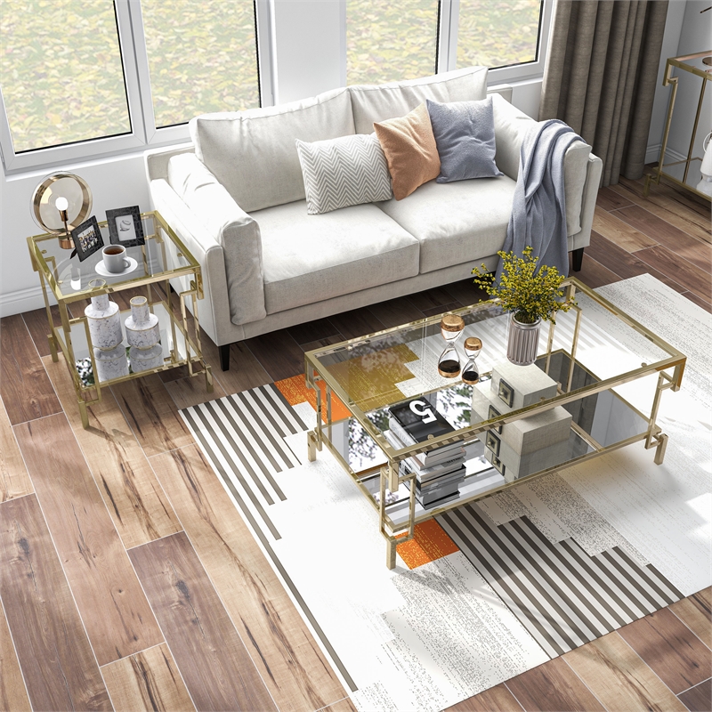 Furniture of America Anaheim Metal 2-Piece Coffee Table Set in Gold Champagne