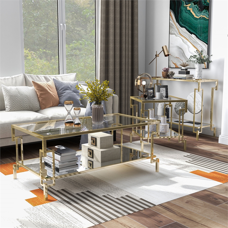 Furniture of America Anaheim Metal 3-Piece Coffee Table Set in Gold Champagne