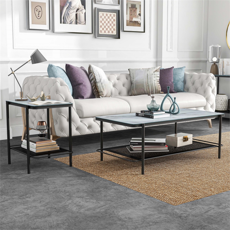 Furniture of America Joaquin Metal 2-Piece Coffee Table Set in Black and White