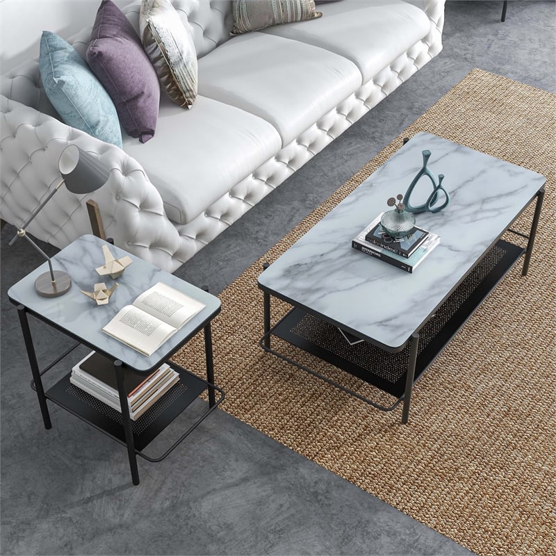 Furniture of America Joaquin Metal 2-Piece Coffee Table Set in Black and White