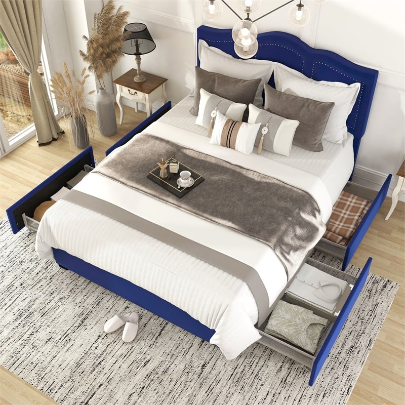 Furniture of America Alameda Fabric Upholstered Queen Bed with Drawers in Navy