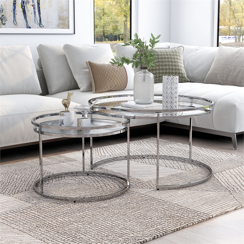 Furniture of America Belmont Metal 2-Piece Nesting Table in Chrome and Clear