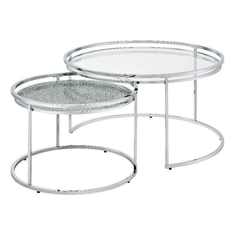 Furniture of America Belmont Metal 2-Piece Nesting Table in Chrome and Clear