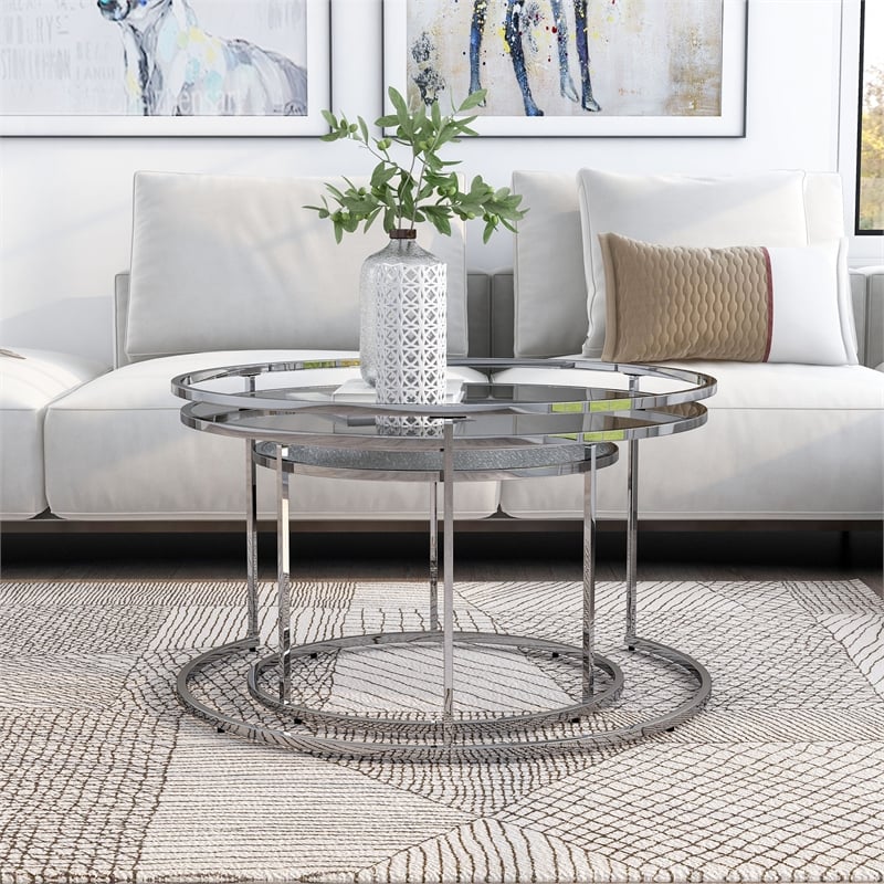 Furniture of America Belmont Metal 2-Piece Nesting Table in Chrome and Gray