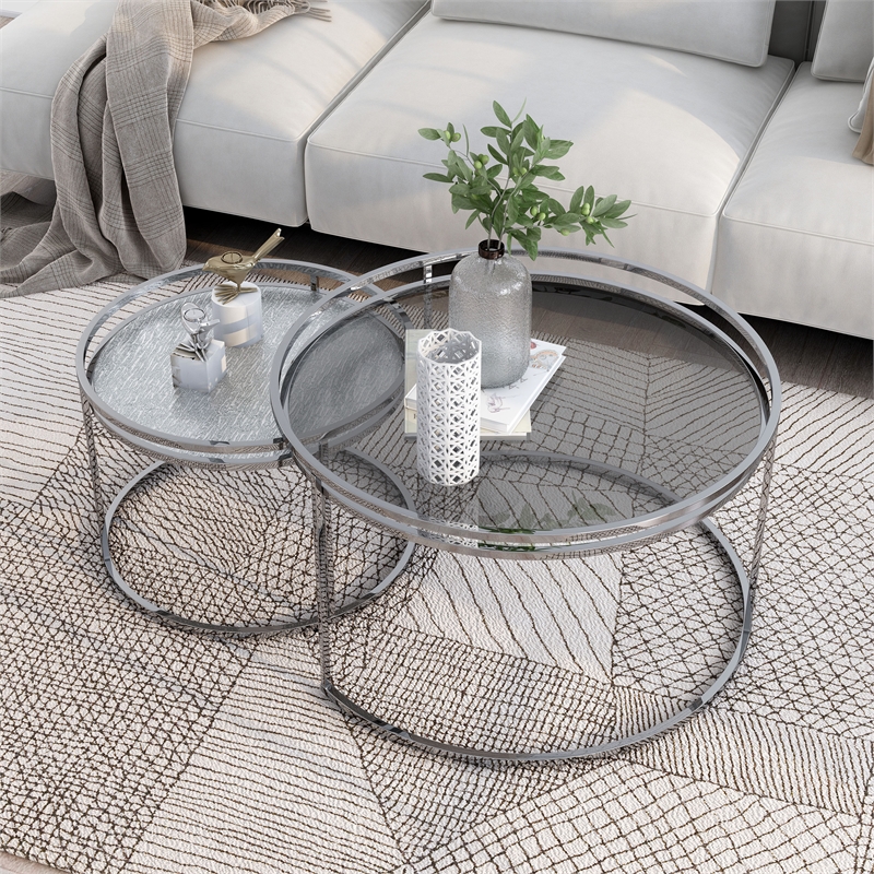 Furniture of America Belmont Metal 2-Piece Nesting Table in Chrome and Gray