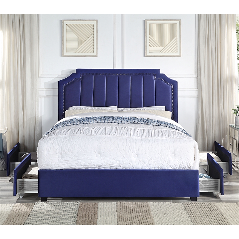 Furniture of America Landhill Glam Fabric Upholstered Full Bed in Navy