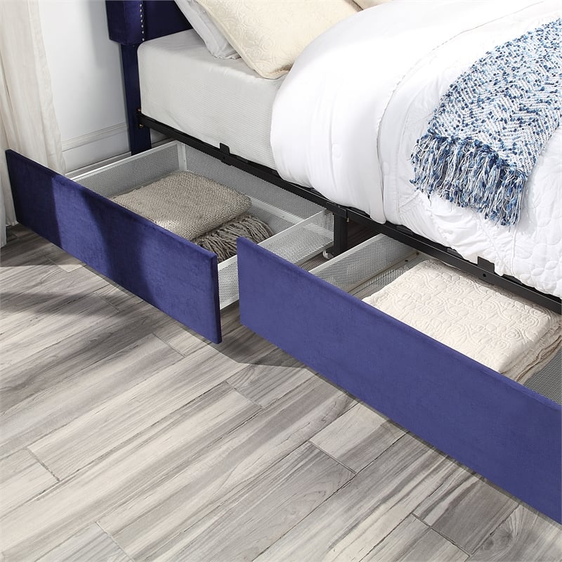 Furniture of America Landhill Glam Fabric Upholstered Queen Bed in Navy