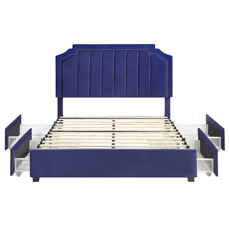 Furniture of America Landhill Glam Fabric Upholstered Queen Bed in Navy