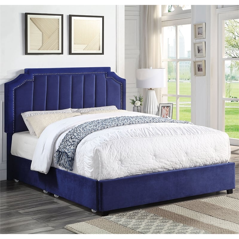 Furniture of America Landhill Glam Fabric Upholstered Queen Bed in Navy