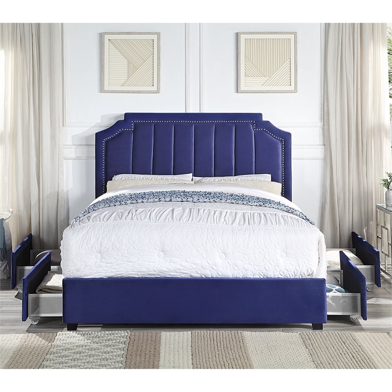 Furniture of America Landhill Glam Fabric Upholstered Queen Bed in Navy