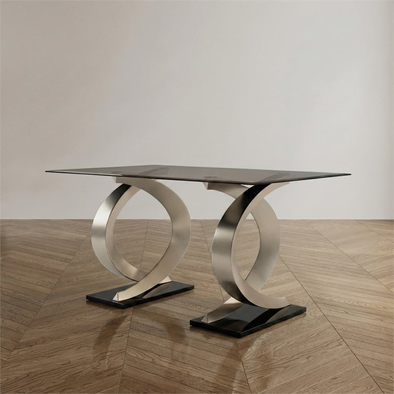 Furniture of America Saginaw Double Pedestal Glass Top Dining Table in Gray