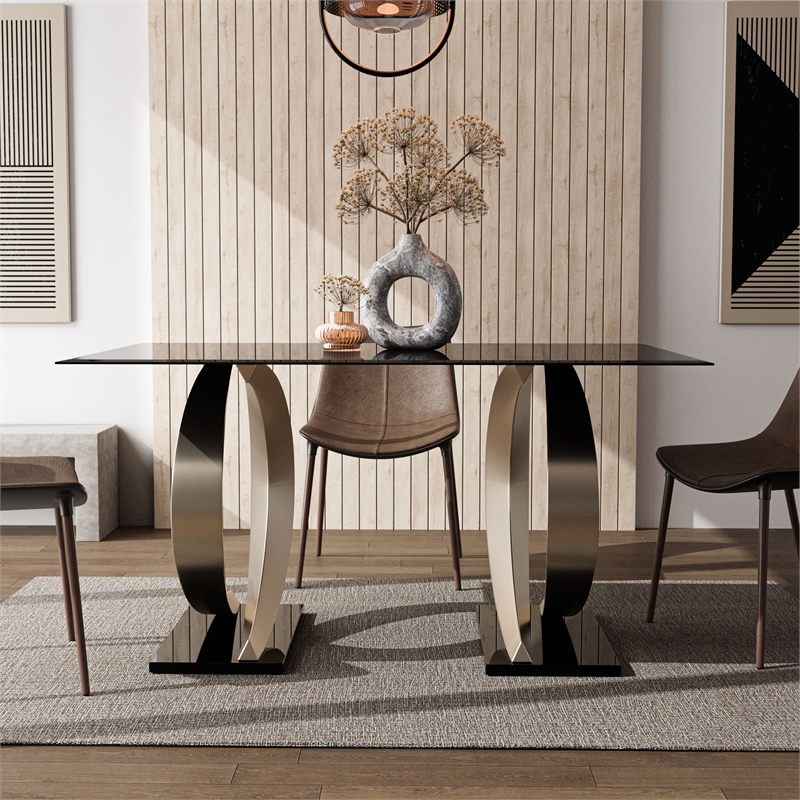 Furniture of America Saginaw Double Pedestal Glass Top Dining Table in Gray