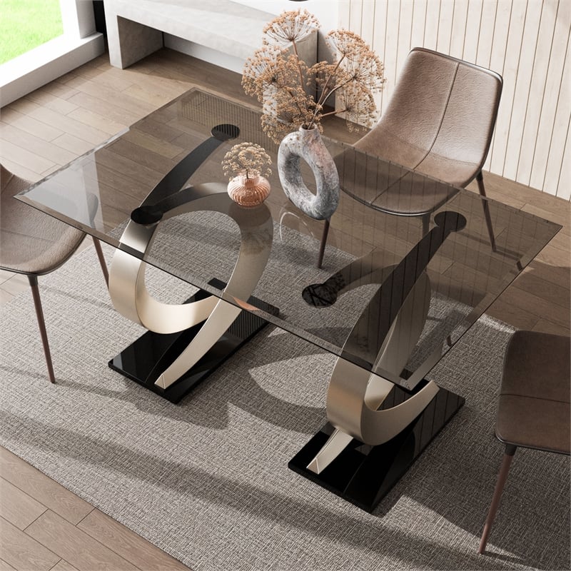 Furniture of America Saginaw Double Pedestal Glass Top Dining Table in Gray