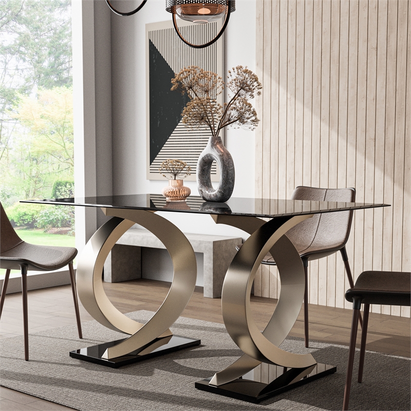 Furniture of America Saginaw Double Pedestal Glass Top Dining Table in Gray